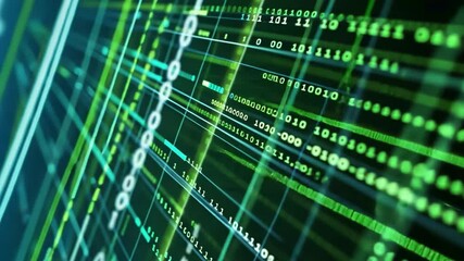 Poster - Futuristic Digital Matrix of Green Binary Code Exploring Data Streams, Technology, and Cybersecurity on Screen in Complex Digital Environment