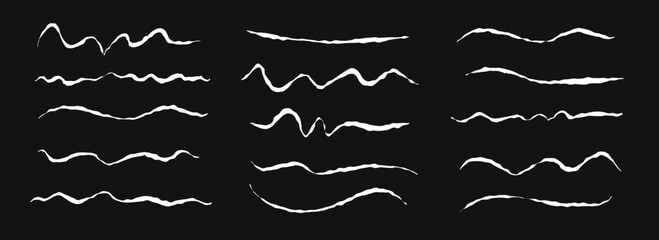 Aufkleber - Hand drawn chalk wavy line set. White pastel squiggle underline and stroke collection. Crayon wave brushstroke bundles. Rough sketch marks and highlights for divide, separate and emphasis. Vector