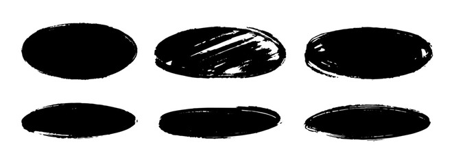 Poster - Ellipse dry paint stains set. Black grunge chalk oval collection. Textured brush stroke round element pack. Hand drawn charcoal blobs for frame design, template, poster, banner. Vector circular spots