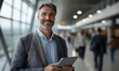 © Shrat - a businessman with a tablet smiling at the camera in a airport terminal.