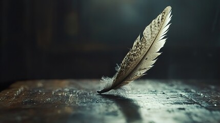 Wall Mural - close-up of a single bird feather on wood