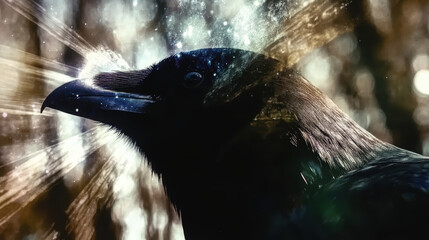 close up of crow face, showcasing its deep black feathers and intricate details, with cosmic backgro