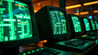 © cyishu - Nostalgic Cybernetics: Vintage 1980s Server Room with Glowing Green Data Streams on CRT Monitors