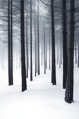 Wall Mural - Serene winter forest with tall trees standing amidst a blanket of fresh snow, creating a tranquil and mystical atmosphere under a soft, diffused light.