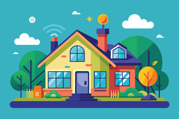 Poster - A colorful illustration depicting a customizable smart home with wireless features and lush greenery, Smart home Customizable Semi Flat Illustration