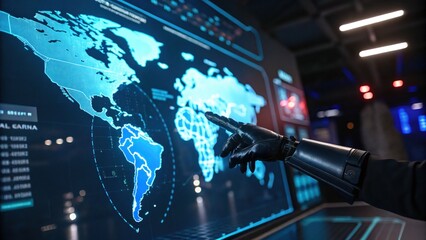 Poster - World Data Analysis: A futuristic scene depicts a robotic arm interacting with a large, interactive screen displaying a world map, showcasing data analysis and technological advancements.
