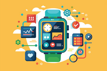 Poster - A vibrant illustration of a customizable smartwatch showcasing multiple apps and features with colorful graphics, Smartwatch Customizable Disproportionate Illustration