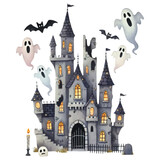 Haunted house concept. A spooky castle with ghosts and bats, featuring a dark, whimsical design perfect for Halloween themes.