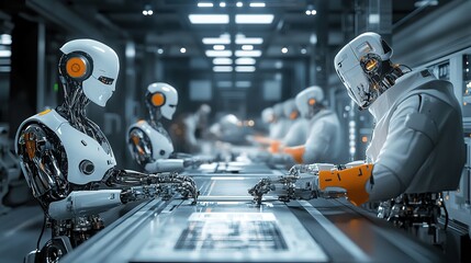 Poster - a cutting-edge industry setting with robots and humans collaborating seamlessly.