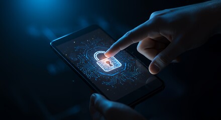 Smartphone security - A hand interacts with a glowing lock icon.