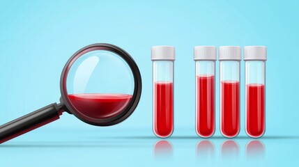 Wall Mural - medical analysis concept with magnifying glass and test tubes for laboratory research and diagnostic