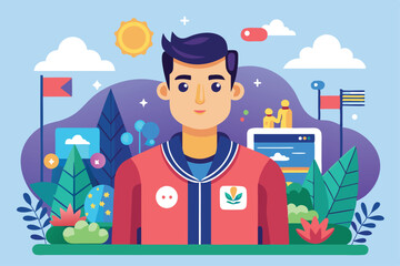 Poster - a young man in a red jacket stands against a colorful background of nature and technology symbols, s