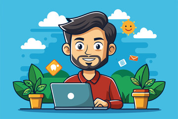 Poster - A cheerful cartoon figure sits outside with a laptop, interacting with various social network icons and greenery, Social networking Customizable Cartoon Illustration