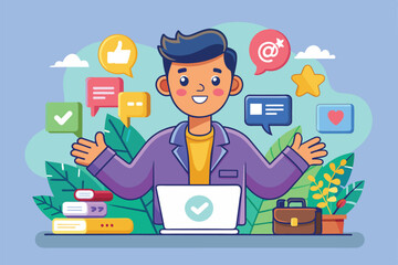 Poster - A cartoon character actively interacts with various social media notifications while working at a laptop, Social update Customizable Cartoon Illustration
