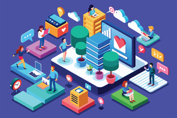 Poster - vibrant isometric illustration depicts users engaging with customizable social media updates online,