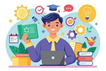Poster - a cheerful character demonstrates various soft skills while studying at a desk surrounded by learnin