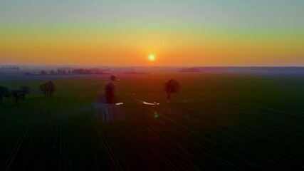 Wall Mural - drone view of long stretched green field with some trees during dusk with orange color scattering al