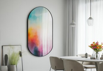 Poster - Modern interior design showcasing vibrant abstract art piece in a stylish dining space with natural light and contemporary decor elements