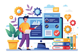 Poster - a person demonstrates software code testing using charts and gear icons, with vibrant flat design el