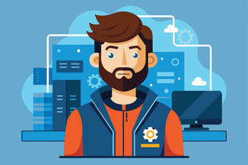 Poster - A software engineer engages in coding tasks while surrounded by modern technology and development tools, Software engineer Customizable Semi Flat Illustration