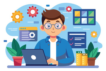 Poster - a software tester works at a desk, focusing on tasks with gears and charts displayed in the backgrou