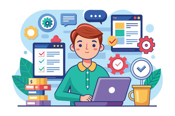 Poster - A focused software tester engages with customizable software solutions at a vibrant workspace, Software tester Customizable Flat Illustration
