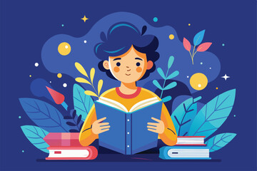 Poster - Someone enjoys a book filled with knowledge, surrounded by vibrant plants and artistic elements in a cozy environment, Someone reads a book of knowledge
