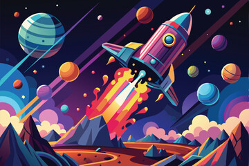 Poster - A sleek spaceship launches amidst colorful planets and fiery trails, exploring a vibrant galaxy, Space shuttle image, Futuristic spaceship launches into the galaxy