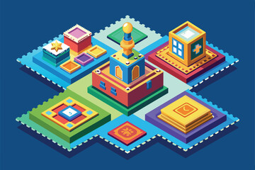 Poster - Engaging isometric illustration featuring colorful, customizable designs related to stamp collecting and display, Stamp collecting Customizable Isometric Illustration