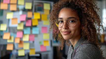 Poster - A young woman with curly hair and glasses smiles in front of a wall covered in colorful sticky notes.