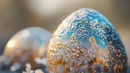 Aufkleber - Close-up of Ornate Blue and Gold Easter Eggs with Intricate Floral Design