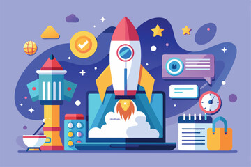 Poster - a colorful rocket launches from a laptop, representing startup rules and strategies for success, sta