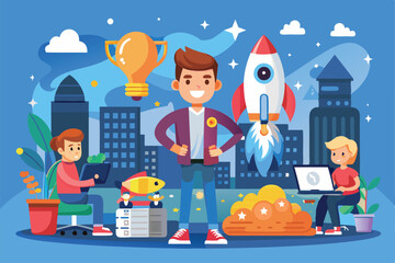 Poster - cartoon characters embody startup culture, featuring teamwork, ideas, and entrepreneurial spirit in 