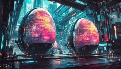 Poster - Futuristic Cityscape with Glowing Spheres at Night