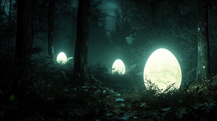 Wall Mural - glowing orbs in a dark forest at night