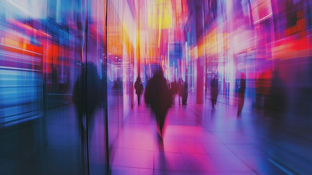 People walking in modern urban environment with motion blur and neon lights