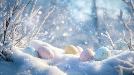 Aufkleber - Pastel Easter Eggs in Snowy Winter Landscape