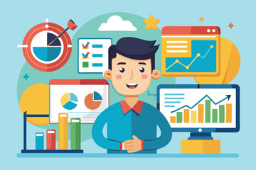 Poster - a cartoon figure stands in front of various colorful graphs and charts, showcasing statistical data,