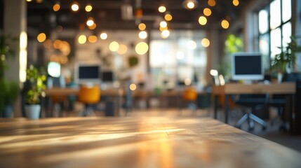 Wall Mural - A blurred office space, bathed in the ethereal glow of an abstract light bokeh, hinting at an open floor plan and the subtle hum of activity within. The office interior serves as a canvas for the