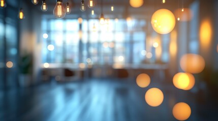 Wall Mural - A blurred office space, bathed in the ethereal glow of an abstract light bokeh, hinting at an open floor plan and the subtle hum of activity within. The office interior serves as a canvas for the