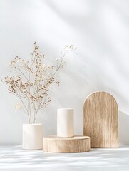 Poster - organic 3d podium, natural wood textures, soft earthy tones, gentle curved edges, harmonious lightin