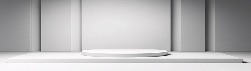 Poster - monochrome 3D podium, black and white theme, high contrast lighting, bold shadows, modern artistic composition, stylish simplicity, sharp edges, sleek polished surfaces, minimalist elegance, product