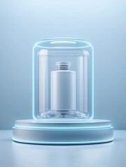 Poster - futuristic holographic 3D podium, neon-infused reflections, translucent surfaces, cyberpunk aesthetics, high-tech environment, digital light glow, immersive depth, sci-fi product showcase,
