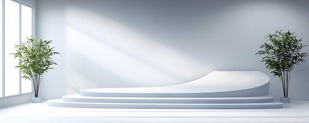 Poster - sculptural 3d podium, artistic asymmetry, dynamic abstract forms, museum-quality aesthetic, fine art