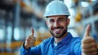 © Chandlerlikes - A smiling architect, clad in a hard hat, surveyed a bustling construction site, his thumbs raised in a gesture of approval and satisfaction, symbolizing the successful progress of the building.
