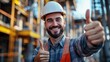 © Chandlerlikes - A smiling architect, clad in a hard hat, surveyed a bustling construction site, his thumbs raised in a gesture of approval and satisfaction, symbolizing the successful progress of the building.