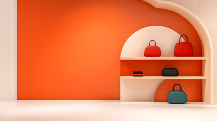 Poster - A stylish display of colorful bags on sleek shelves against a vibrant orange wall, creating a modern and inviting retail space