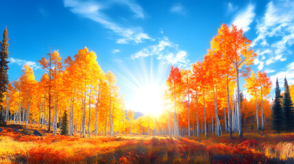 Aufkleber - A vibrant autumn landscape featuring golden trees under a bright blue sky, with sunlight illuminating the scene