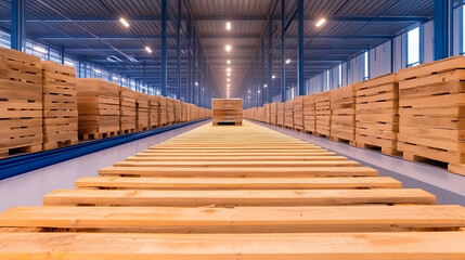 Poster - A spacious warehouse filled with neatly stacked wooden pallets, creating a symmetrical and organized storage environment