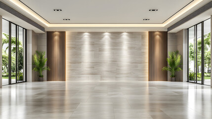 Poster - A modern, spacious interior with a minimalist design, featuring large windows, wooden accents, and a polished concrete floor